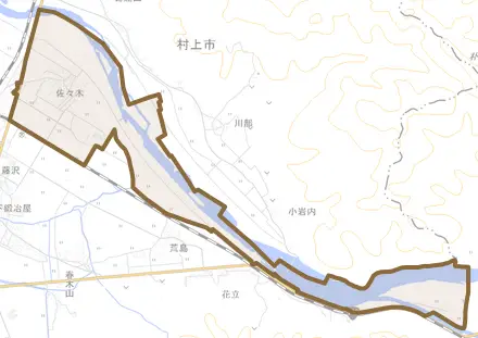 佐々木とその周辺の地図。町の範囲を重ねている