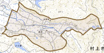 指合とその周辺の地図。町の範囲を重ねている