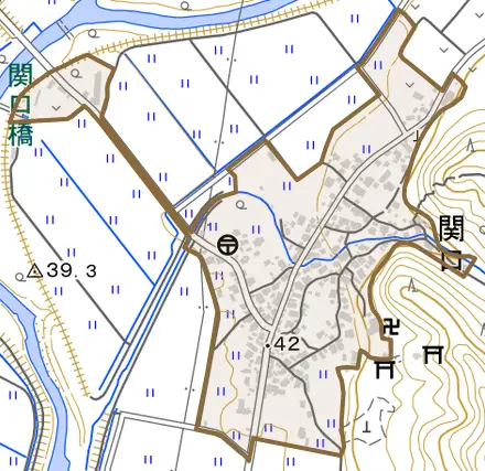 関口とその周辺の地図。町の範囲を重ねている