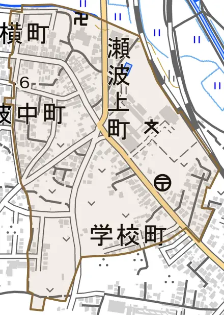 瀬波上町とその周辺の地図。町の範囲を重ねている