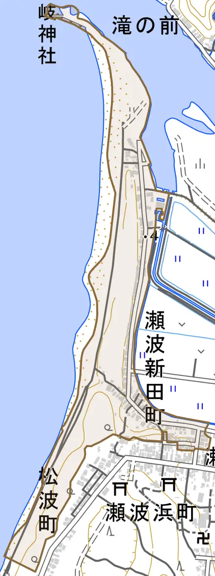瀬波新田町とその周辺の地図。町の範囲を重ねている