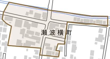 瀬波横町とその周辺の地図。町の範囲を重ねている