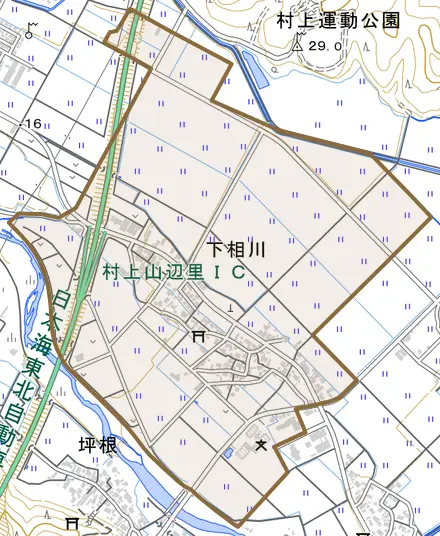 下相川とその周辺の地図。町の範囲を重ねている