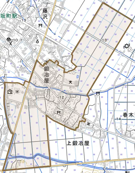 下鍜冶屋とその周辺の地図。町の範囲を重ねている