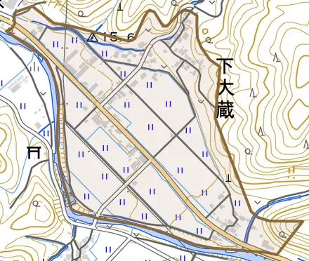 下大蔵とその周辺の地図。町の範囲を重ねている