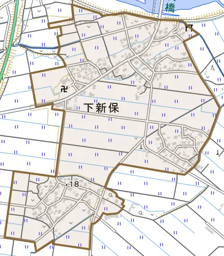 下新保とその周辺の地図。町の範囲を重ねている