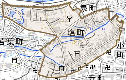 塩町とその周辺の地図。町の範囲を重ねている