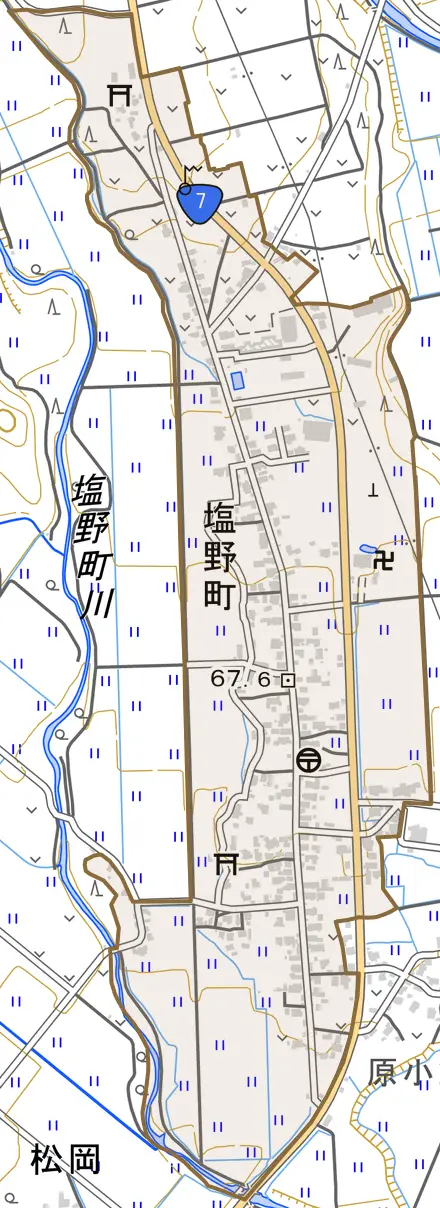 塩野町とその周辺の地図。町の範囲を重ねている