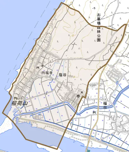 塩谷とその周辺の地図。町の範囲を重ねている