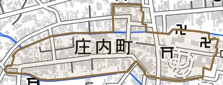 庄内町とその周辺の地図。町の範囲を重ねている