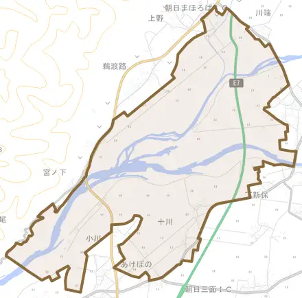 十川とその周辺の地図。町の範囲を重ねている