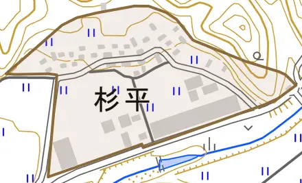 杉平とその周辺の地図。町の範囲を重ねている