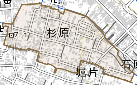 杉原とその周辺の地図。町の範囲を重ねている
