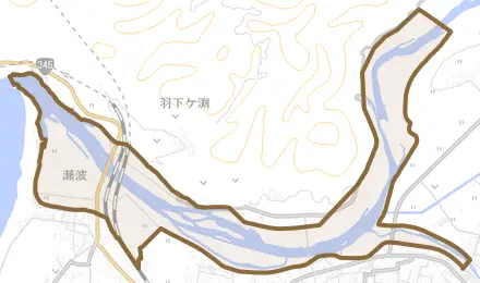 瀬波とその周辺の地図。町の範囲を重ねている