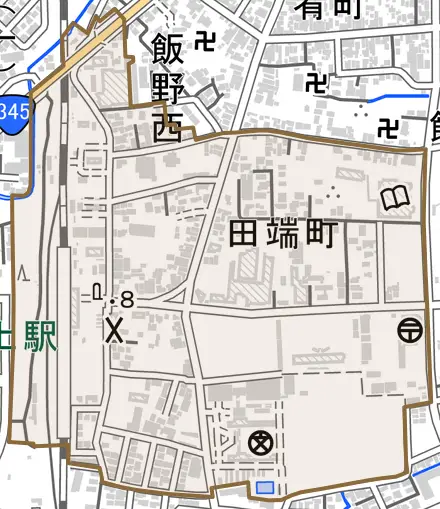 田端町とその周辺の地図。町の範囲を重ねている