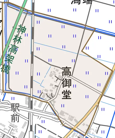 高御堂とその周辺の地図。町の範囲を重ねている