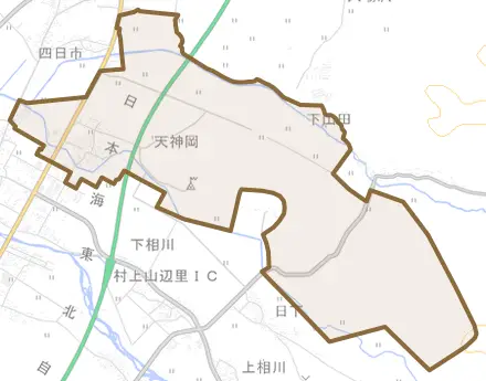 天神岡とその周辺の地図。町の範囲を重ねている