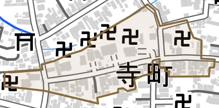 寺町とその周辺の地図。町の範囲を重ねている
