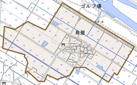 鳥屋とその周辺の地図。町の範囲を重ねている