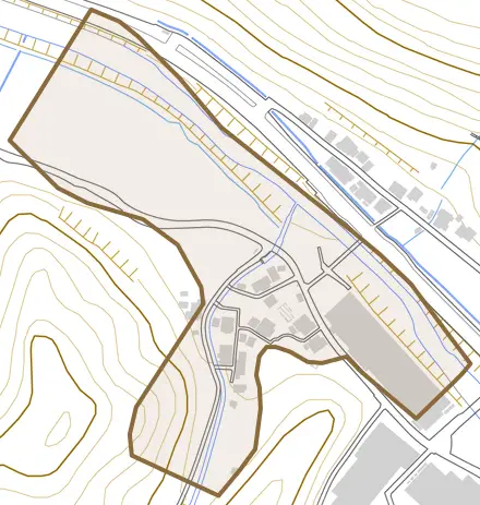 遠矢崎とその周辺の地図。町の範囲を重ねている