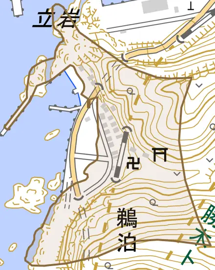 鵜泊とその周辺の地図。町の範囲を重ねている