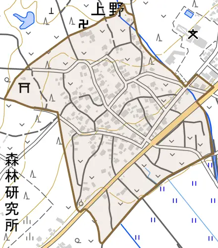 上野とその周辺の地図。町の範囲を重ねている