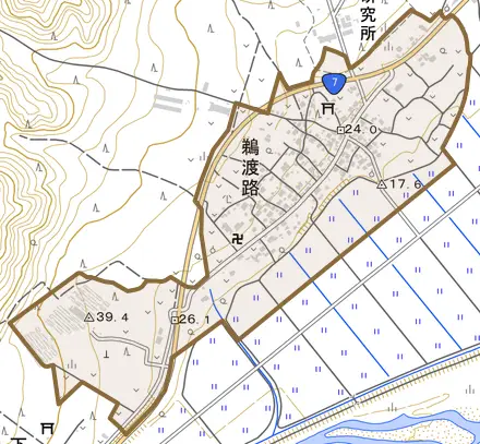 鵜渡路とその周辺の地図。町の範囲を重ねている