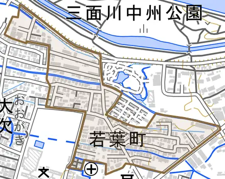若葉町とその周辺の地図。町の範囲を重ねている