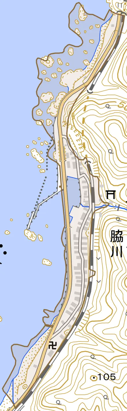 脇川とその周辺の地図。町の範囲を重ねている