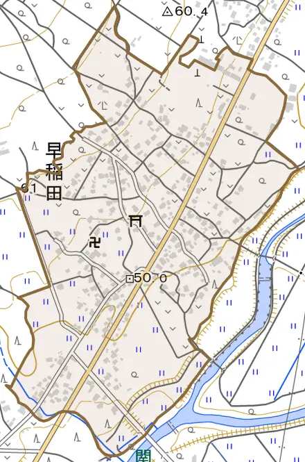 早稲田とその周辺の地図。町の範囲を重ねている