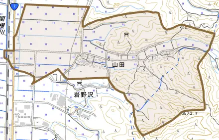 山田とその周辺の地図。町の範囲を重ねている