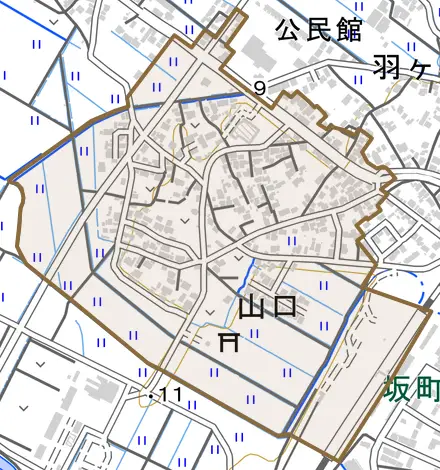山口とその周辺の地図。町の範囲を重ねている