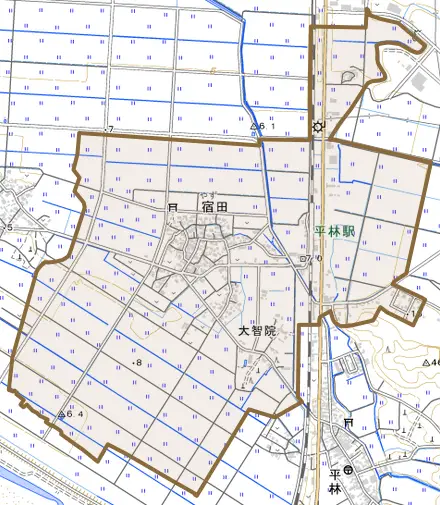 宿田とその周辺の地図。町の範囲を重ねている