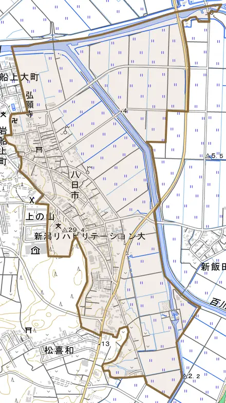 八日市とその周辺の地図。町の範囲を重ねている