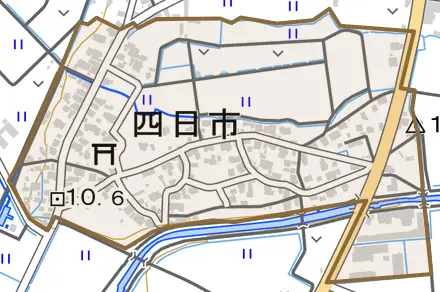 四日市とその周辺の地図。町の範囲を重ねている