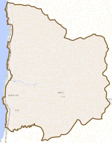 吉浦とその周辺の地図。町の範囲を重ねている