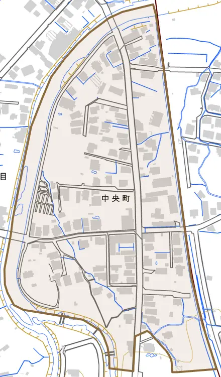 中央町とその周辺の地図。町の範囲を重ねている