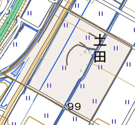 大字土田とその周辺の地図。町の範囲を重ねている