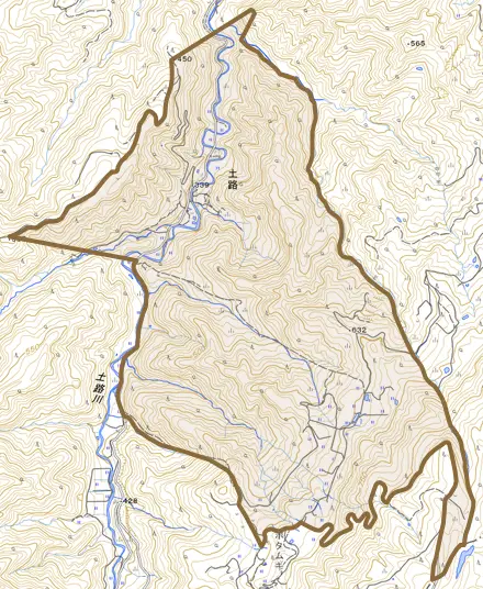大字土路とその周辺の地図。町の範囲を重ねている