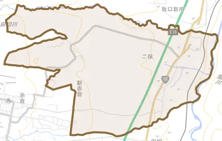 大字二俣とその周辺の地図。町の範囲を重ねている