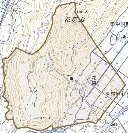 大字花房とその周辺の地図。町の範囲を重ねている