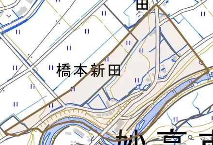 大字橋本新田とその周辺の地図。町の範囲を重ねている