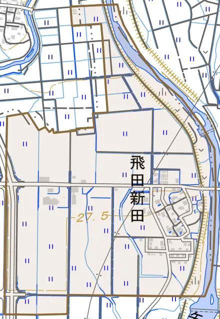 大字飛田新田とその周辺の地図。町の範囲を重ねている