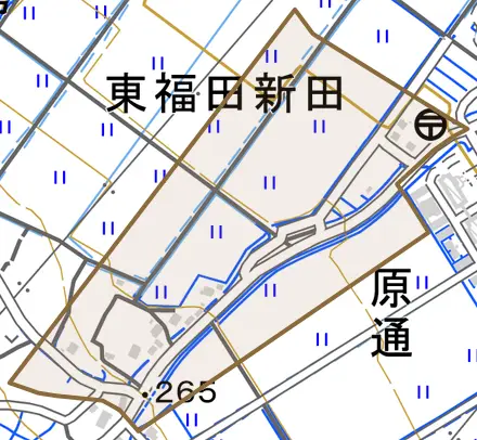 大字東福田新田とその周辺の地図。町の範囲を重ねている