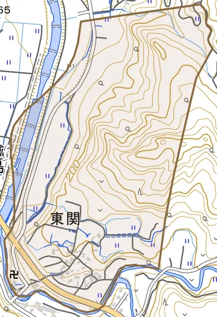 大字東関とその周辺の地図。町の範囲を重ねている