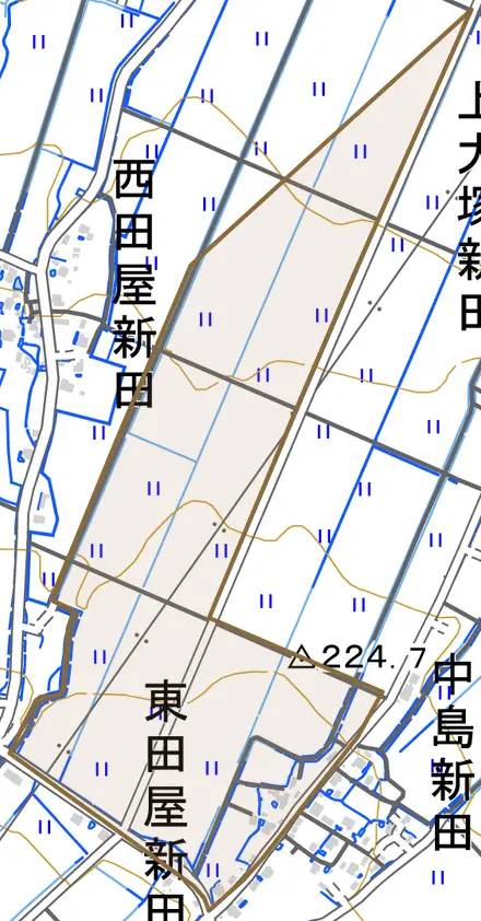 大字東田屋新田とその周辺の地図。町の範囲を重ねている