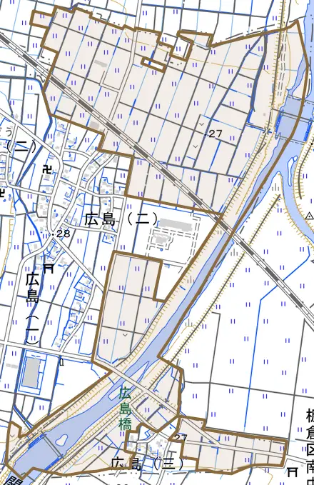 大字広島とその周辺の地図。町の範囲を重ねている