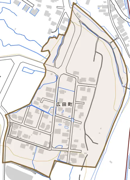 広田町とその周辺の地図。町の範囲を重ねている