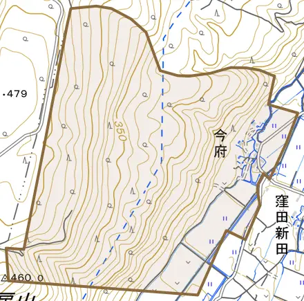 大字今府とその周辺の地図。町の範囲を重ねている
