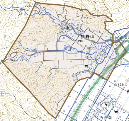 大字猪野山とその周辺の地図。町の範囲を重ねている